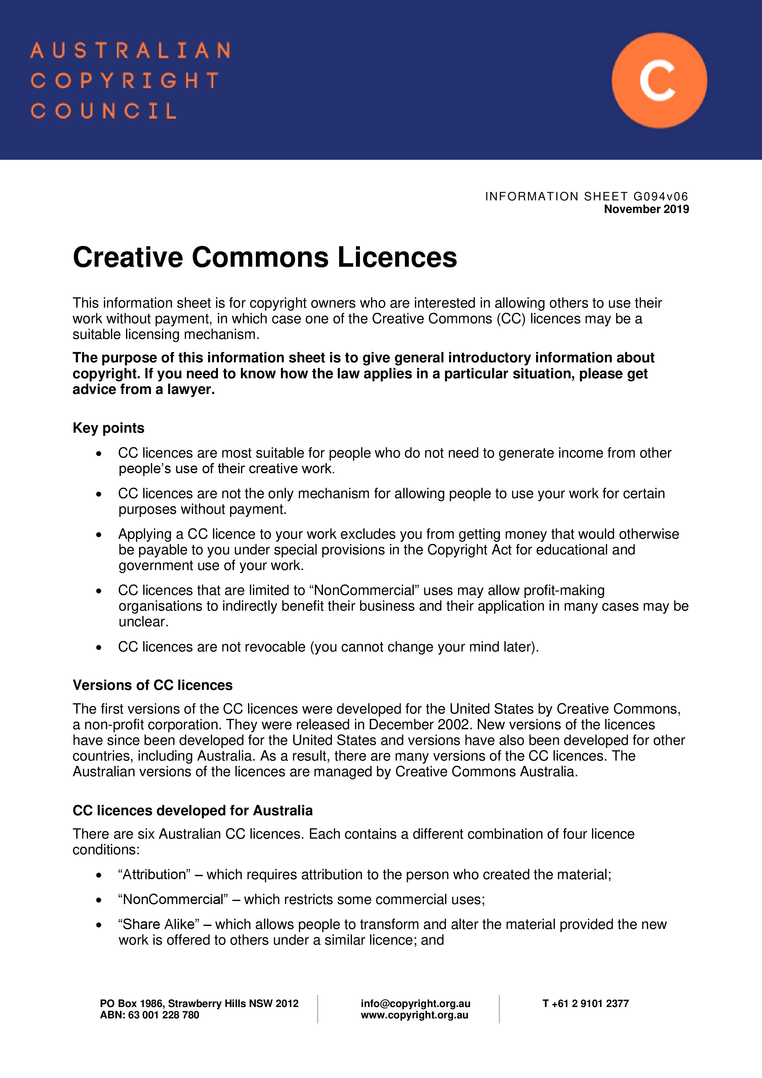 Australian Creative Commons Licences 2019